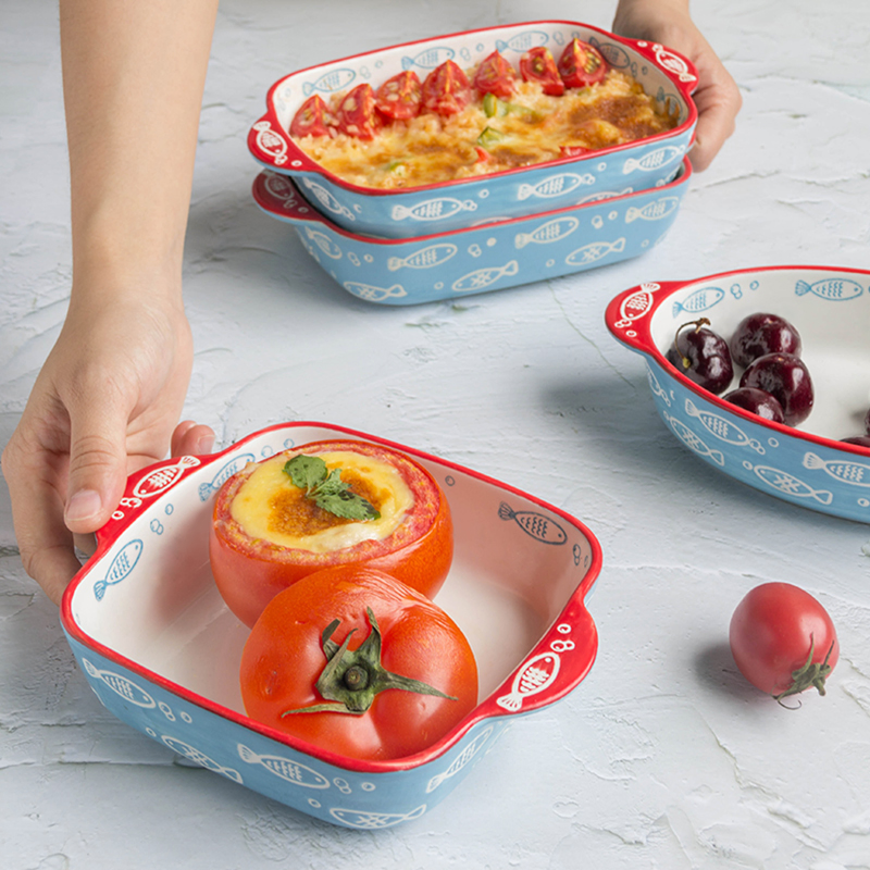 Hand-Painted Fish Pattern Roasting Ceramic Food Plate Round Baking Pan Dish