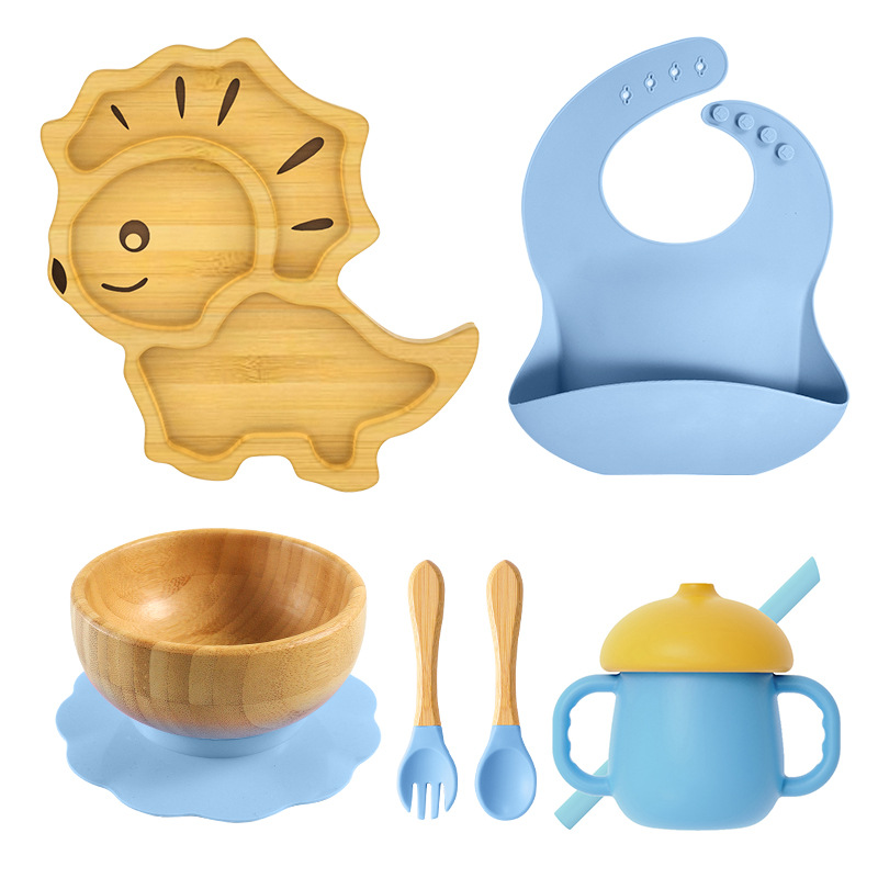 Bamboo Baby Food Plate Weaning Kids and Toddler Suction Smile Plates Divided Platter Feeding Dishes With Silicone Fork and Spoon