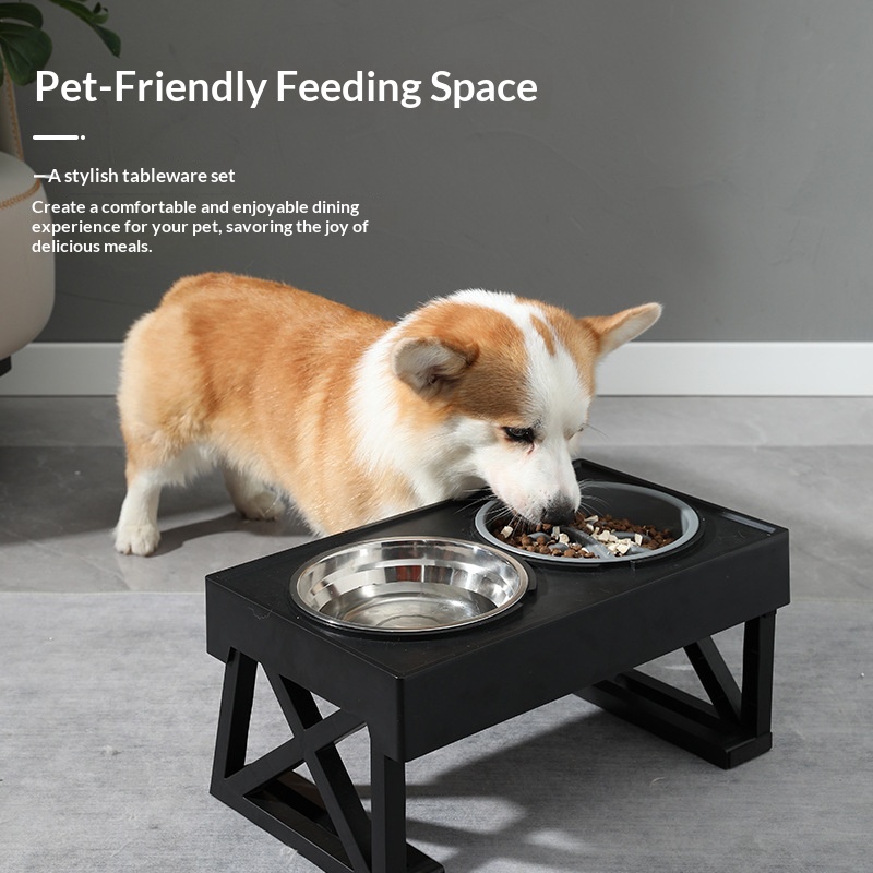 Stainless Steel Adjustable Elevated Pet Bowl for Cats and Dogs Double Bowl Slow Feeder Anti-Choking Feeding Station