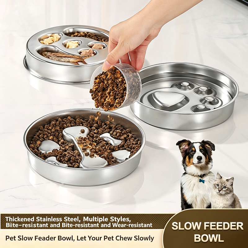 High Quality Durable Eco-Friendly Luxurious Stainless Steel Slow Feeder Bowl with Anti-Slip Mat for Pet Feeding Custom Logo