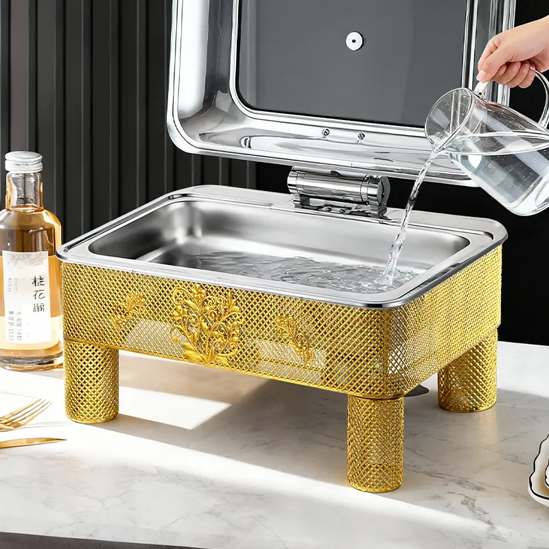 Rectangle Stainless Steel Hot Pot Electric Insulation Pot Luxury Design Chafing Dish Hollow Pattern, Cafeteria, Hotel