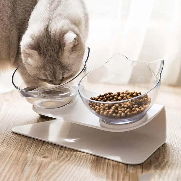 15° Tilted Cat Food Water Bowls with Raised Stand for Neck Protection