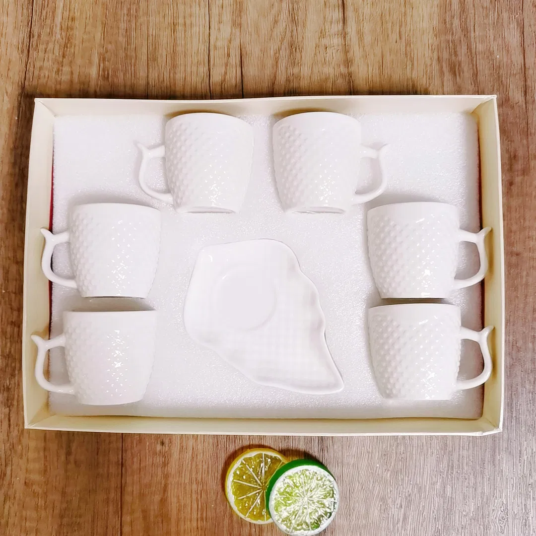 Wholesale Competitive Price White Embossed Pattern Porcelain Coffee Cups Ceramic Heart Shape Leaf Shape Dish and Espresso Cups Set 12PCS with Gift Box