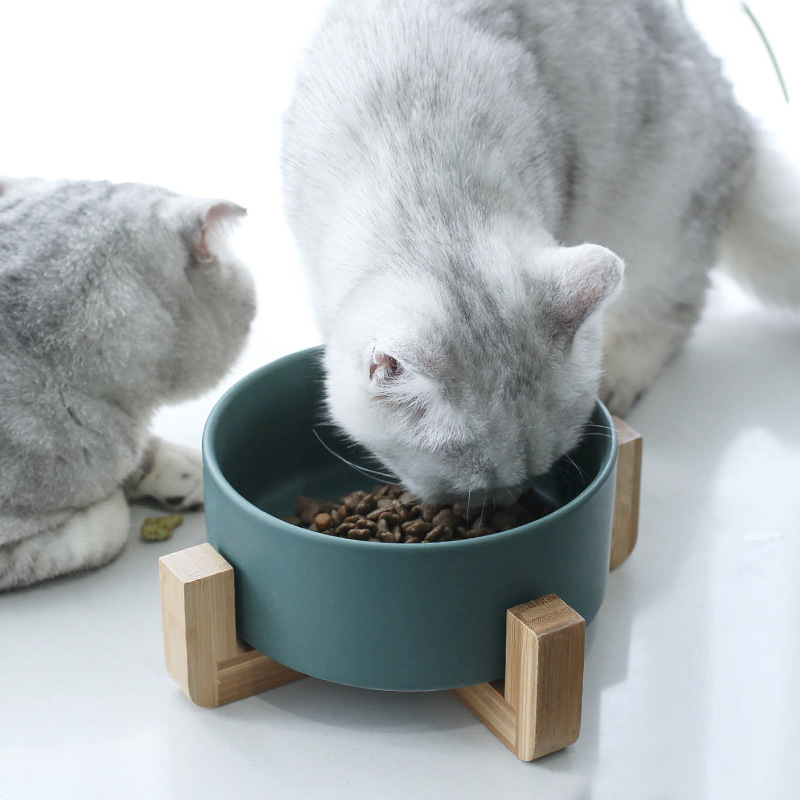 Wholesale Japan Style Printed White Custom Elevated Stand Raised Marble Ceramic Cat Pet Dog Bowl Feeder