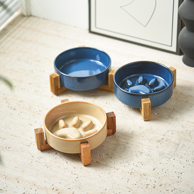 Japanese Style Solid Ceramic Pet Cat &amp; Dog Bowl Slow Feeder Anti-Choke Anti-Tip Eco-Friendly Non-Slip Leak Proof Bowl