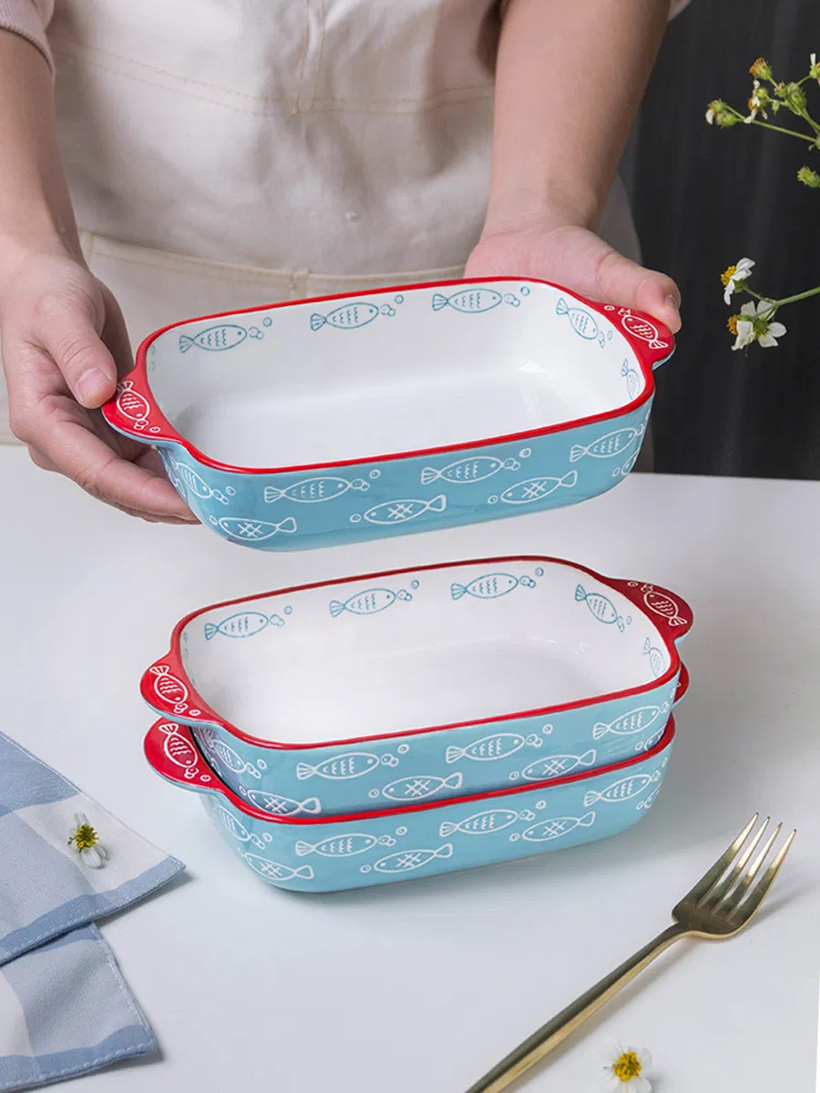 Hand-Painted Fish Pattern Roasting Ceramic Food Plate Round Baking Pan Dish