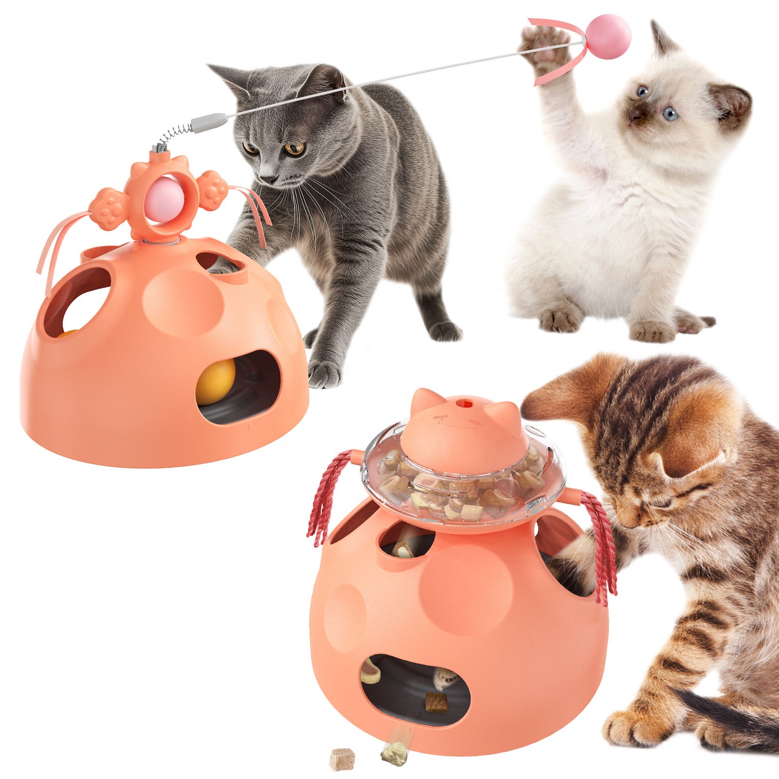 Interactive Cat Toy 4 in 1 Intelligence Puzzle Feeder with Feather Wand Treat Maze Mental Stimulation Toys