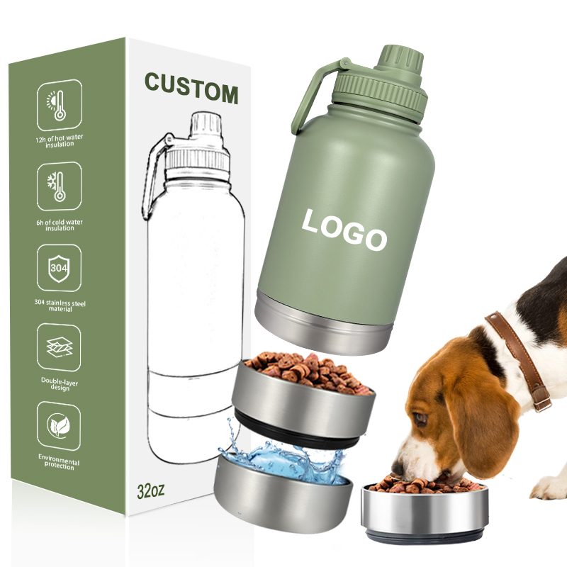 2025 Travel Pet Feeder Stainless Steel Portable Insulated Dog Water Bottles With Removable Bowl