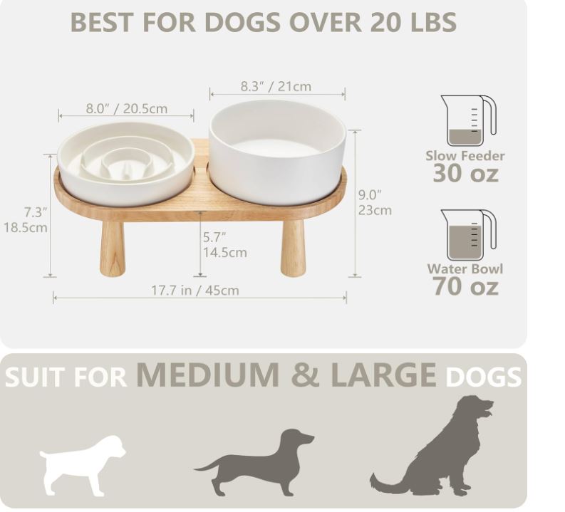 Custom Ceramic Slow Feeder Dog Bowl Water Bowl Set for Medium and Large Breed, Elevated with Wooden Stand