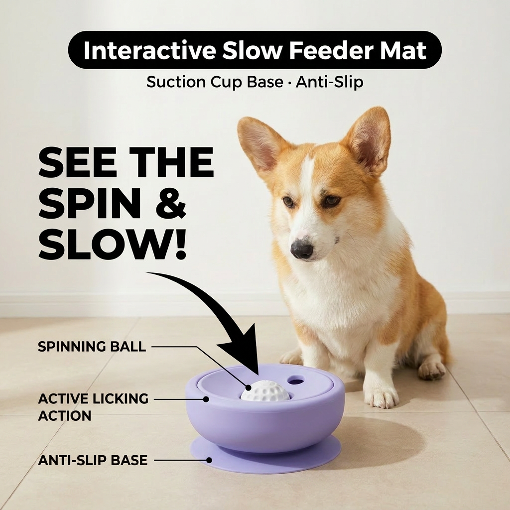 Food Grade Silicone Slow Feeder Dog Bowl with Rolling Ball for IQ Training Anxiety Relief Cat Slow Eating Interactive Lick Pad
