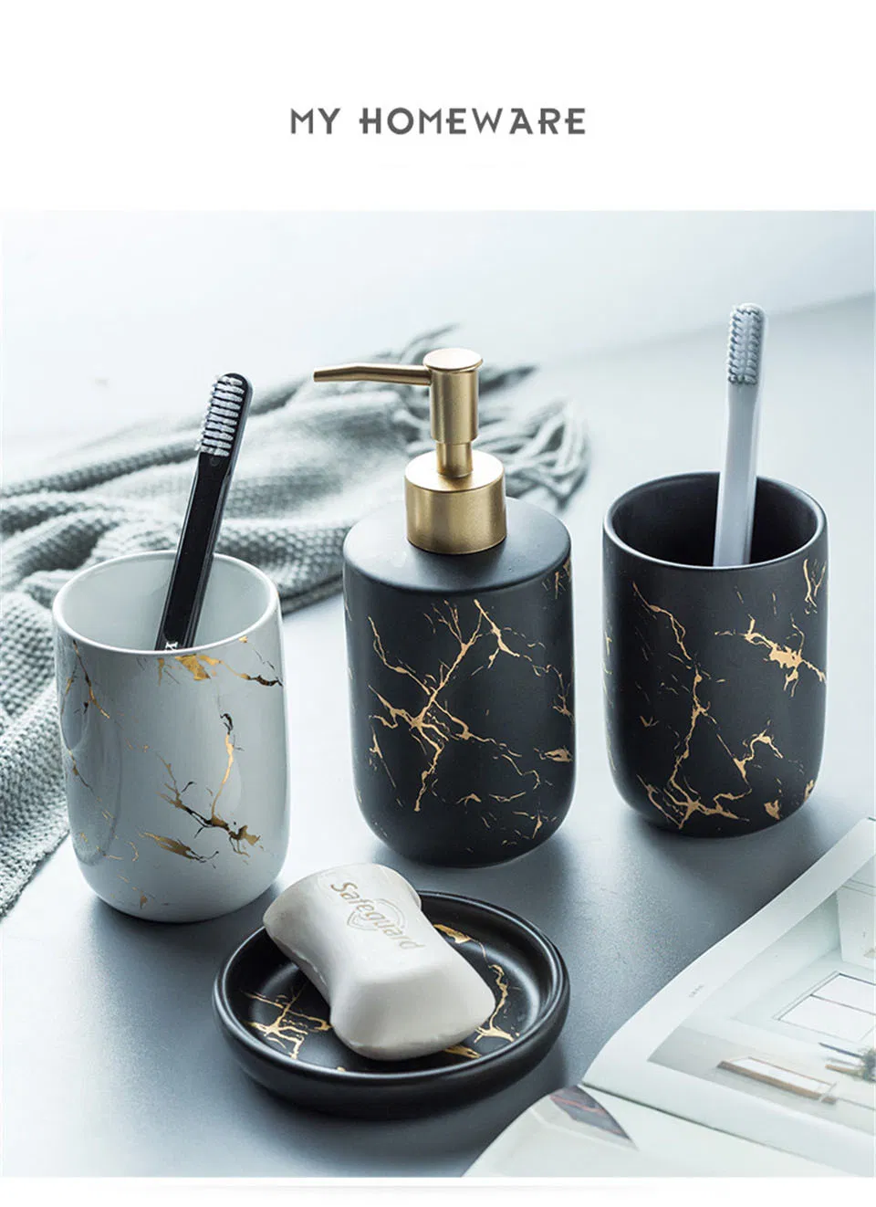 Bath Set Luxury Marble Pattern Tooth Mug Lotion Dispenser Soap Dish