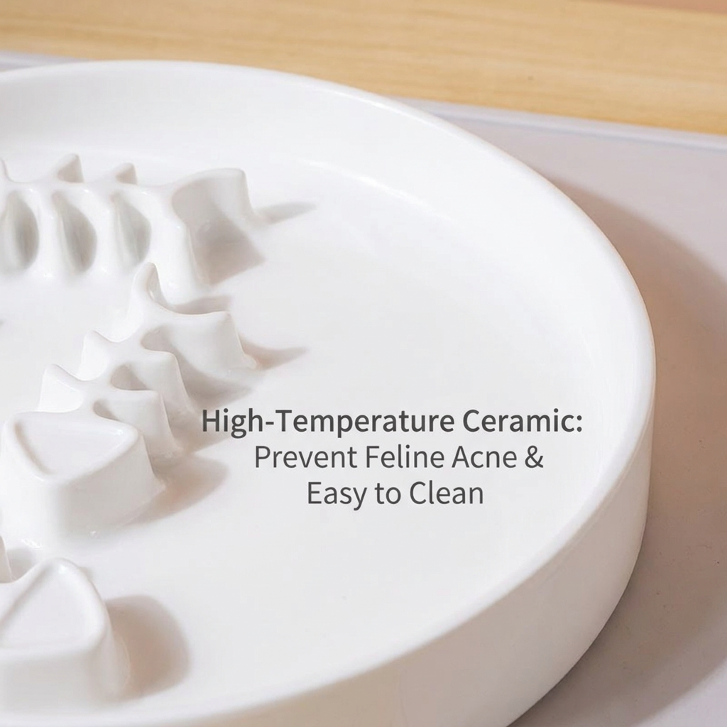 Ceramic Slow Feed Cat Bowl Anti-Choking Pet Dish with Fish Bone Pattern