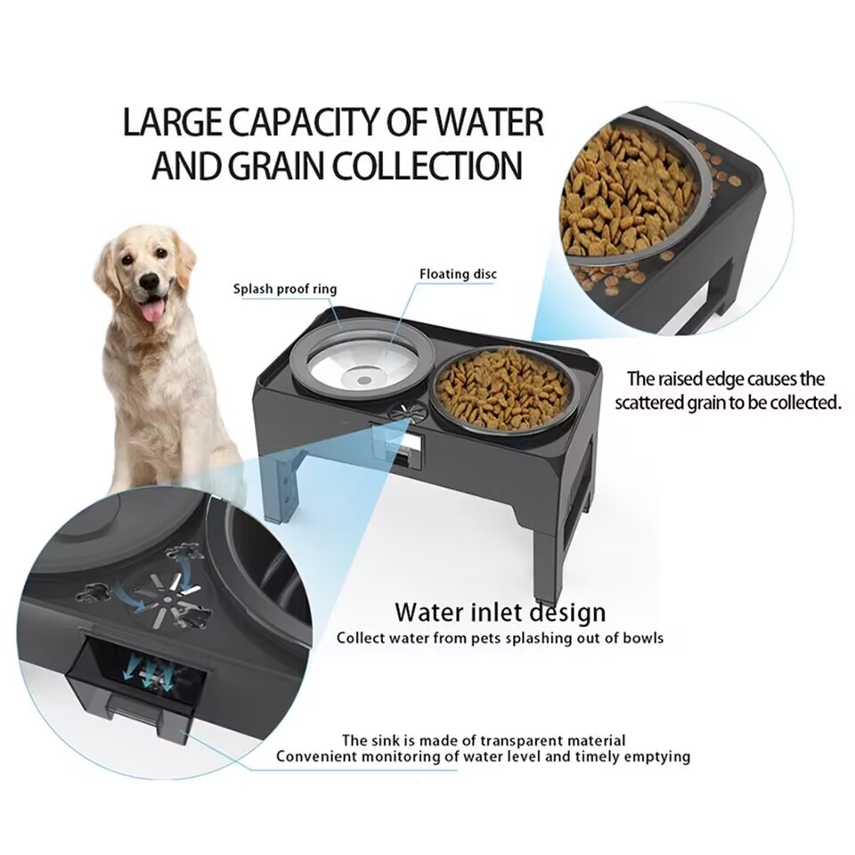 3 in 1 Elevated Slow Feeder Floating Dog Two Bowls Adjustable 3 Raised Dog Bowl's Unit on Two Poles No Spill Non-Slip for Pet