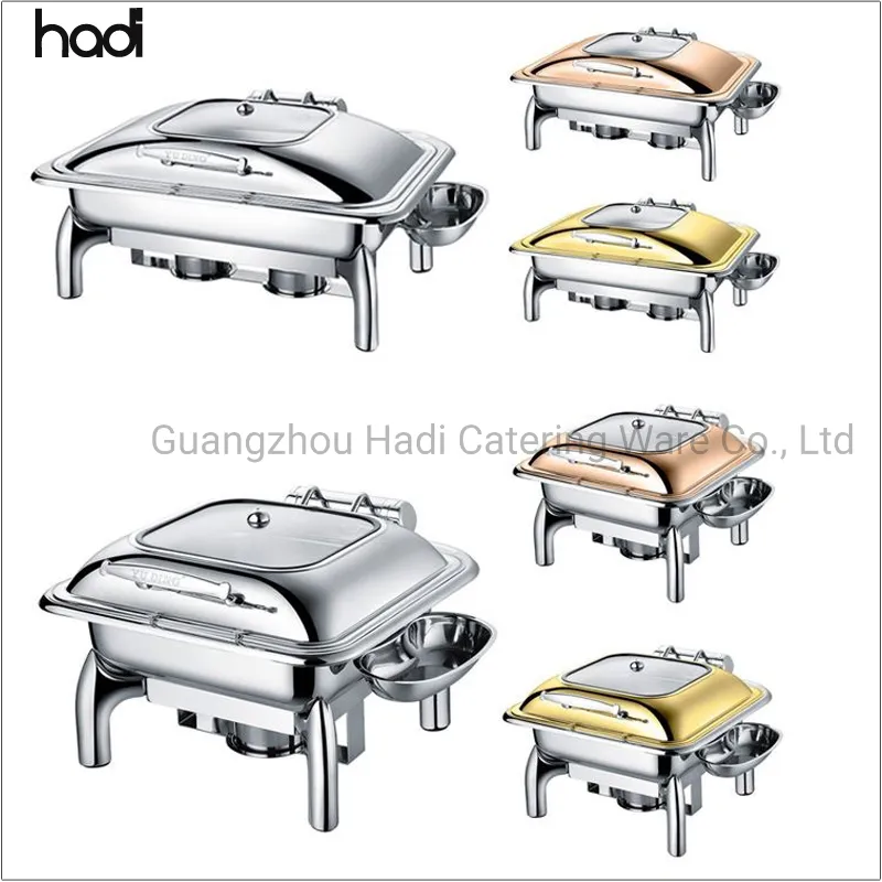 Luxury 9L Stainless Steel Golden Chafing Dish Two Compartments Hotel Restaurant Use Pattern Fuel Heating