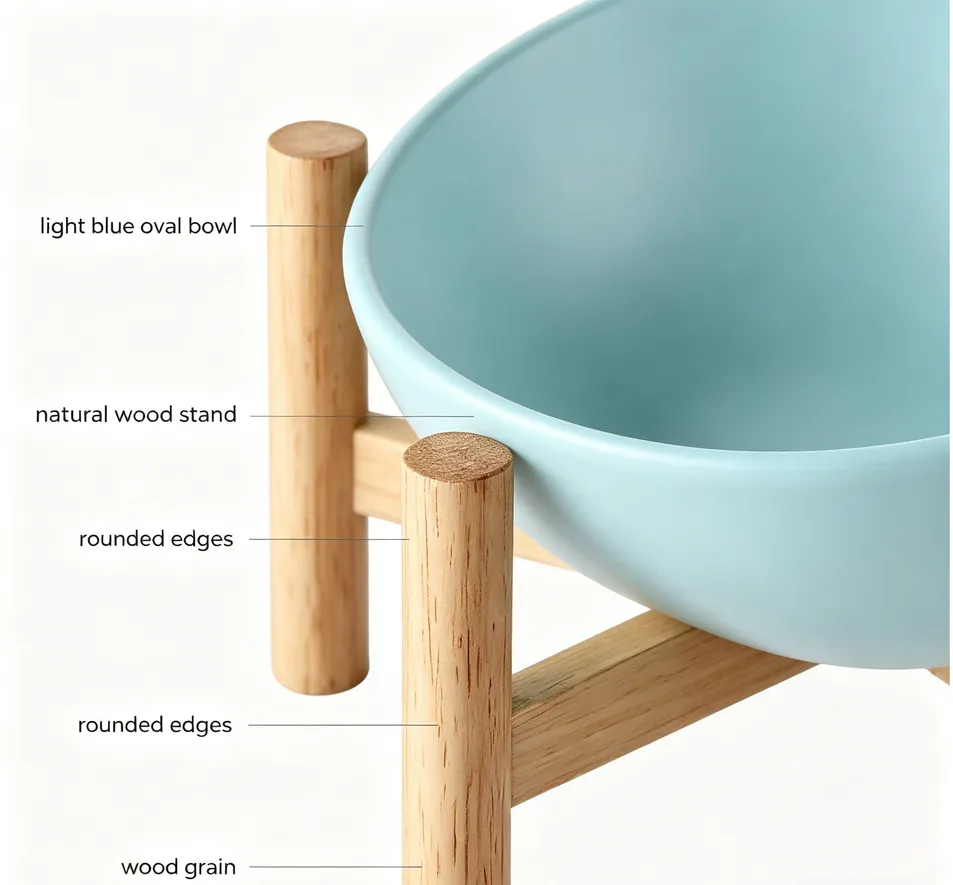 Elevated Tilted Ceramic Cat Bowl with Wooden Stand for Cats