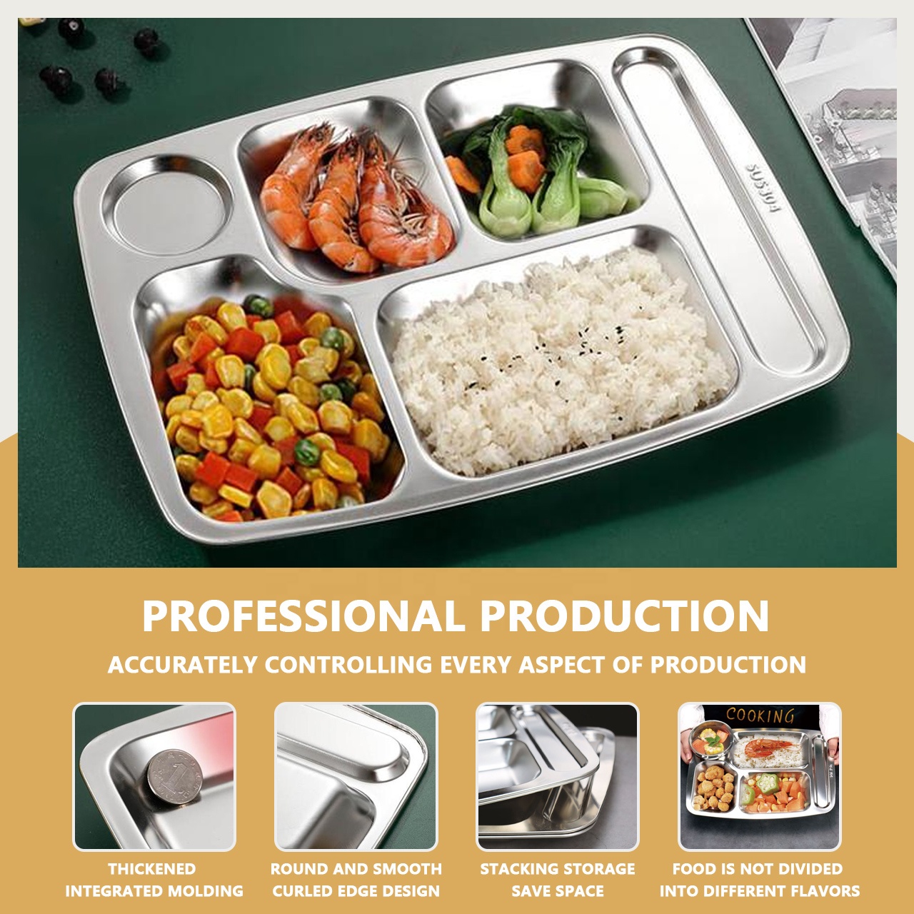 YITIAN Multi Compartments Fast Food Rectangular Stainless Steel 6-Compartment Food Tray Sus 304 Table Snack Dinner Plate