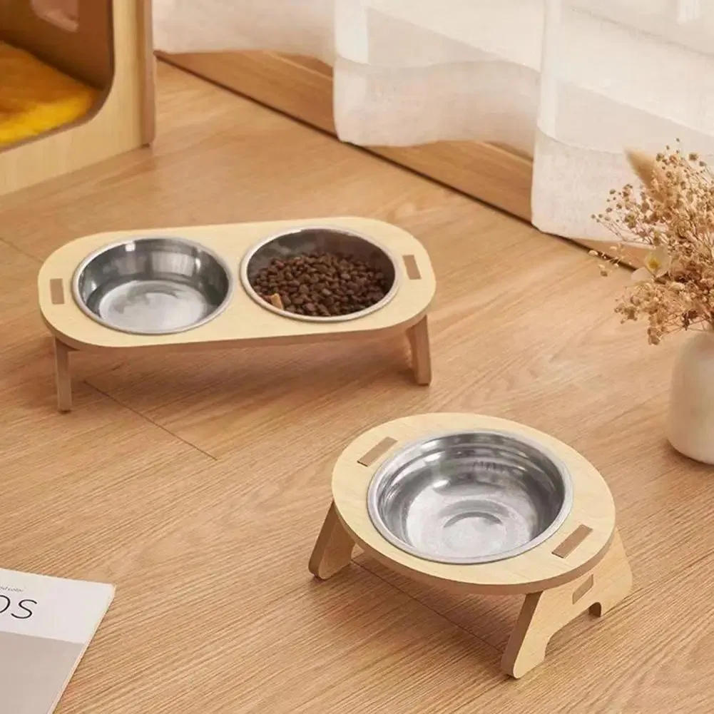 Elevated Pet Bowls Tilted Single Double Cat Stainless Steel Food Bowls Wooden Dog Water Feeding Container Cat Supplies