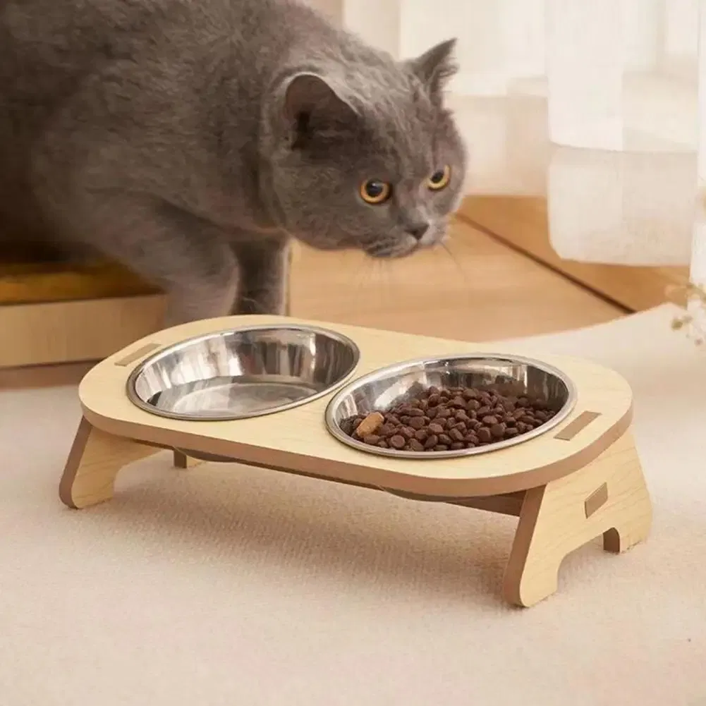 Elevated Pet Bowls Tilted Single Double Cat Stainless Steel Food Bowls Wooden Dog Water Feeding Container Cat Supplies
