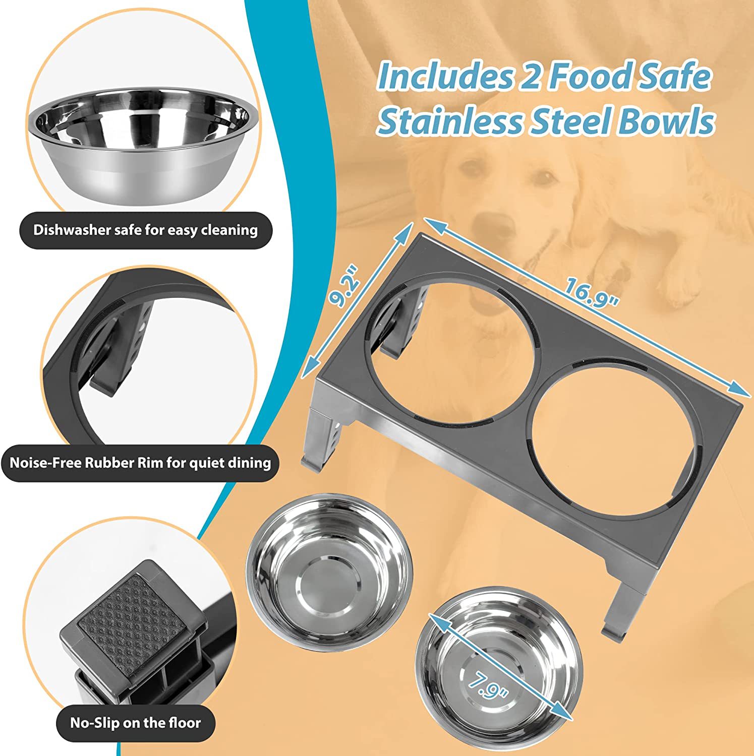 2 in 1 No Spill Elevated Dog Bowls Slow Feeder Stand Foldable 4 Height Adjustable Raised Dog Bowl Elevated
