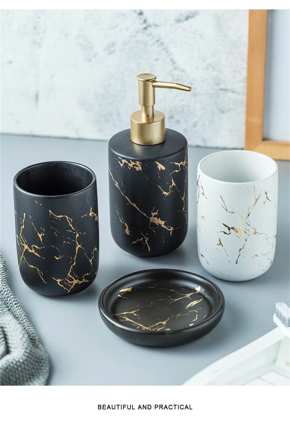 Bath Set Luxury Marble Pattern Tooth Mug Lotion Dispenser Soap Dish