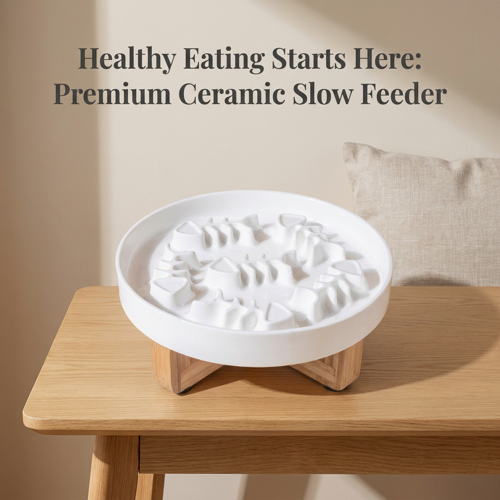 Ceramic Slow Feed Cat Bowl Anti-Choking Pet Dish with Fish Bone Pattern