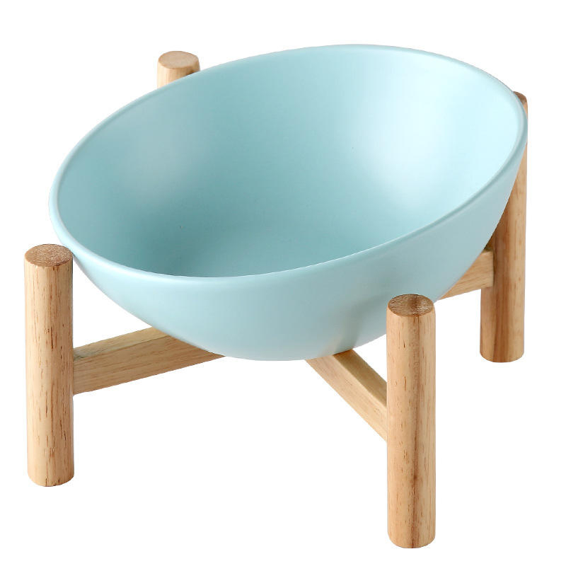 Elevated Tilted Ceramic Cat Bowl with Wooden Stand for Cats