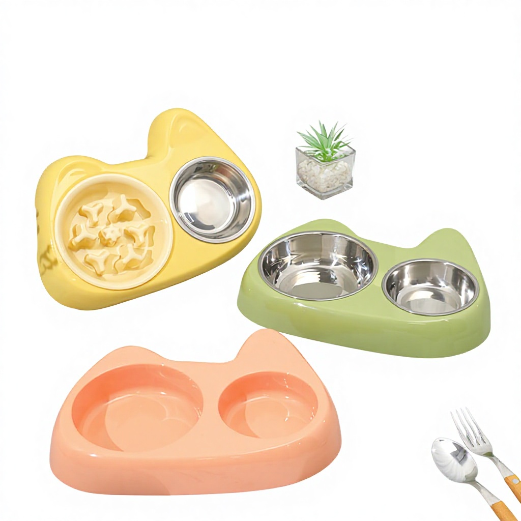 Pet Bowls Feeders Portable Eco-Friendly Modern Stainless Steel Rounded Two-in-One Slow Feeding Anti-Choking Outdoor Small