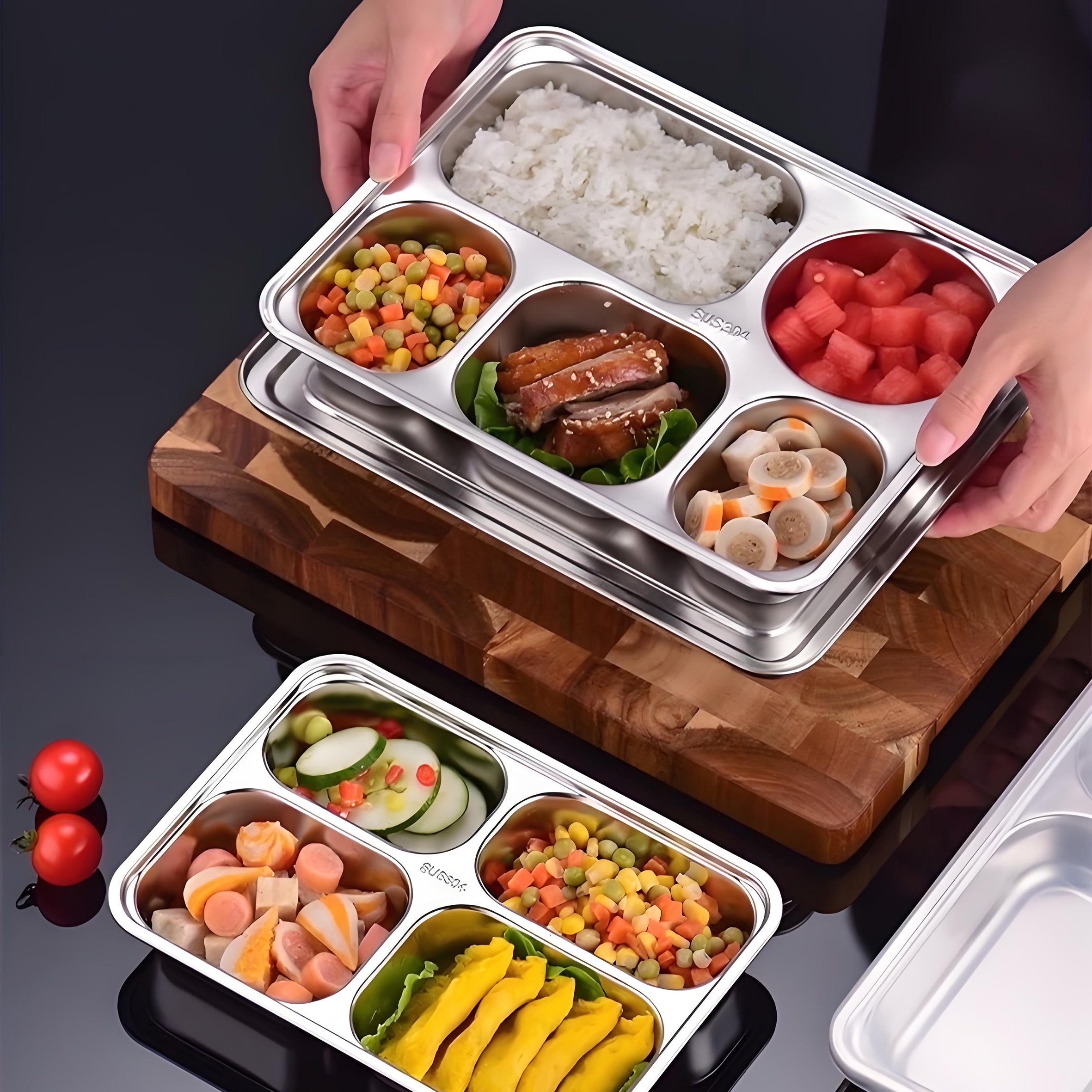 YITIAN Multi Compartments Fast Food Rectangular Stainless Steel 6-Compartment Food Tray Sus 304 Table Snack Dinner Plate