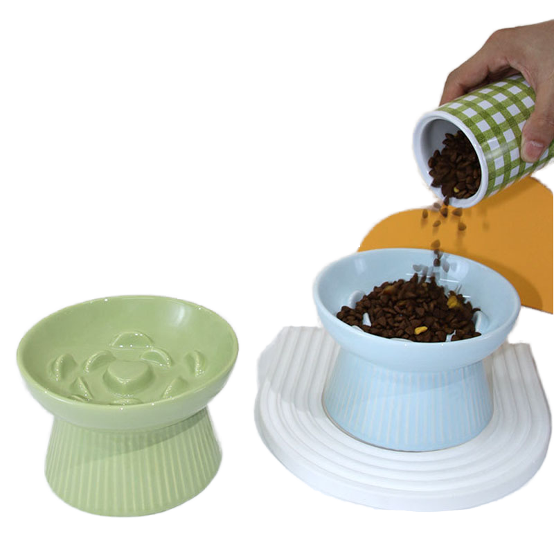 New Ceramic Tall Striped Slow Food Bowl Cat Bowls Set Food Water Bowl for Dogs and Cats Anti-skid Feeder