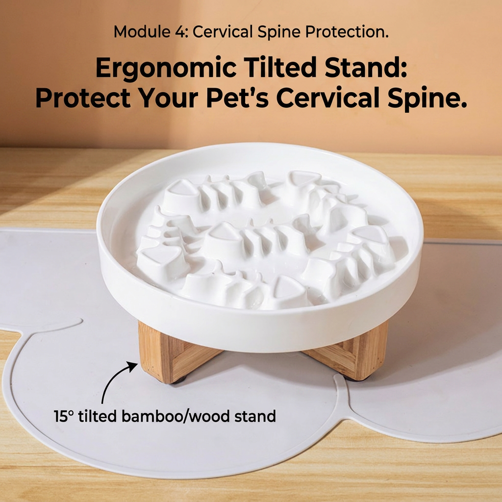 Ceramic Slow Feed Cat Bowl Anti-Choking Pet Dish with Fish Bone Pattern