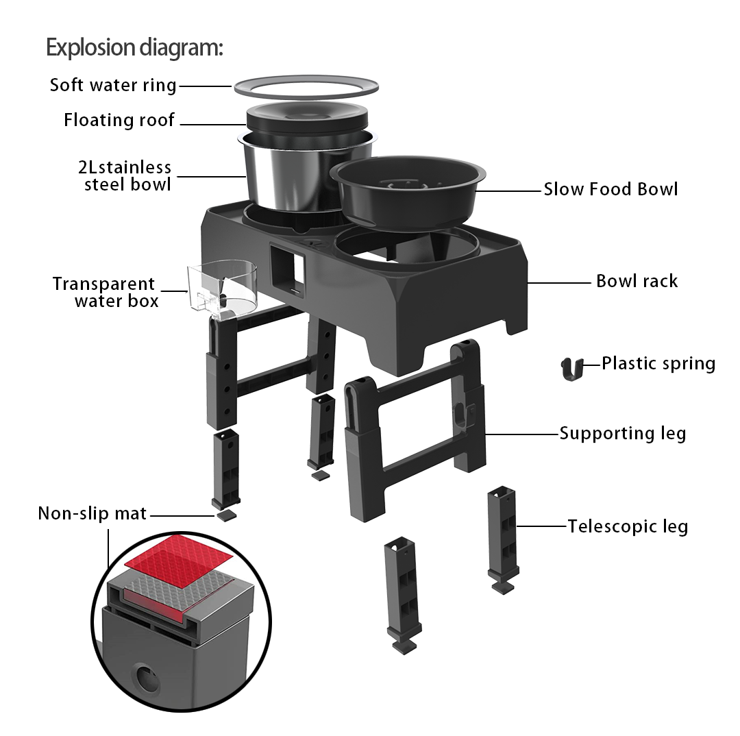 3 in 1 Elevated Slow Feeder Floating Dog Two Bowls Adjustable 3 Raised Dog Bowl's Unit on Two Poles No Spill Non-Slip for Pet