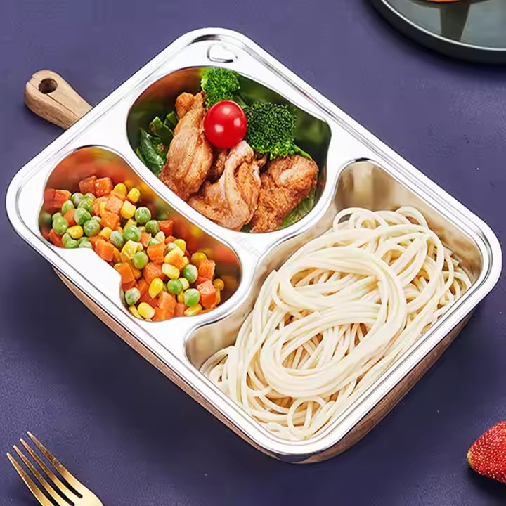Stainless Steel Divided Kids Square Dinner Lunch Dining Plates Wholesale With Dividers Compartment Baby Plate Tray for School