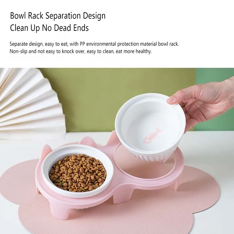 Double Ceramic Cat Bowls Elevated Tilted Cat Food Bowls Raised Ceramic Pet Bowls with Stand Dog Cat Food and Water Bowl Set Tall Feet Feeding Bowls Dishes