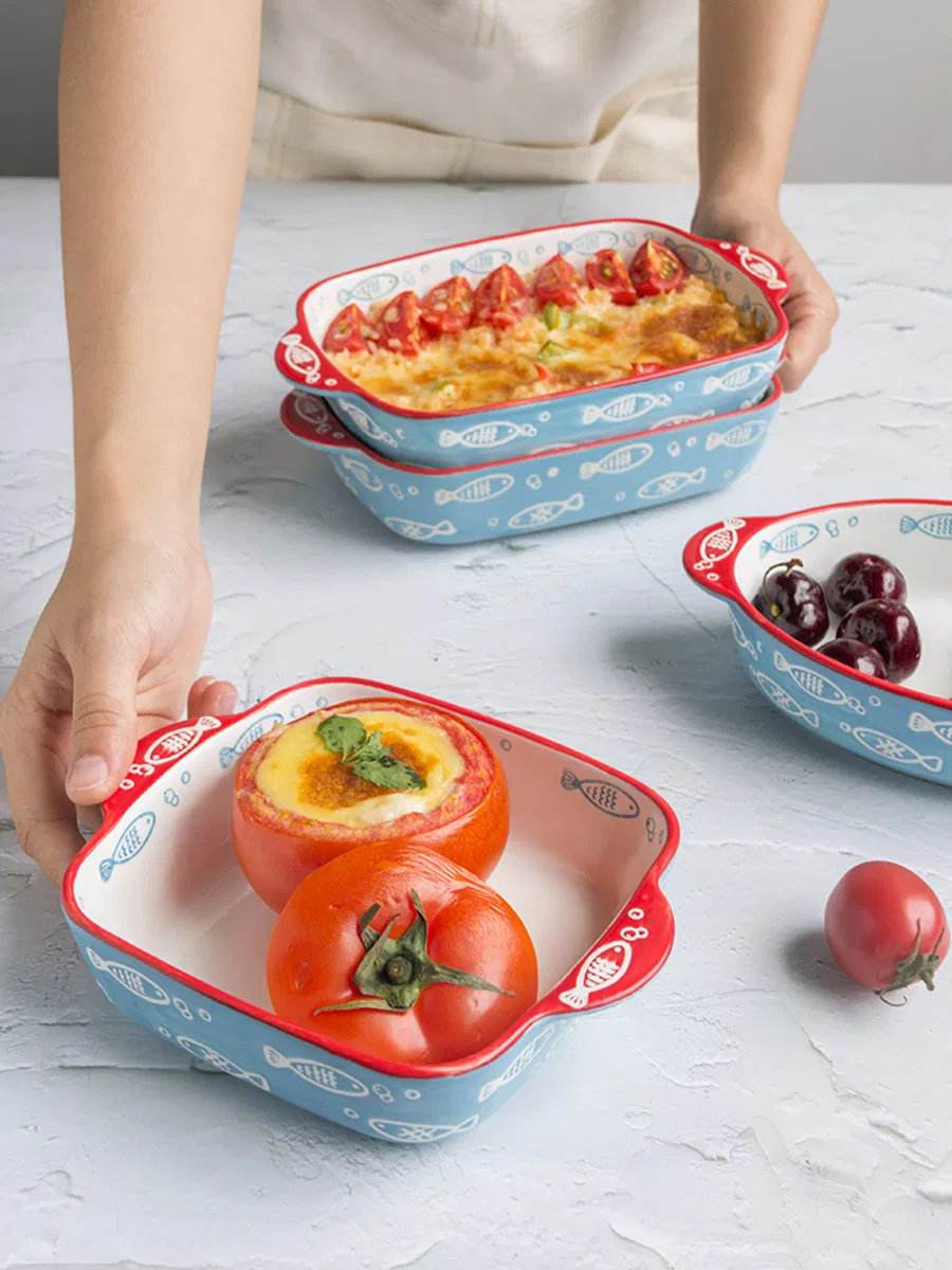 Hand-Painted Fish Pattern Roasting Ceramic Food Plate Round Baking Pan Dish