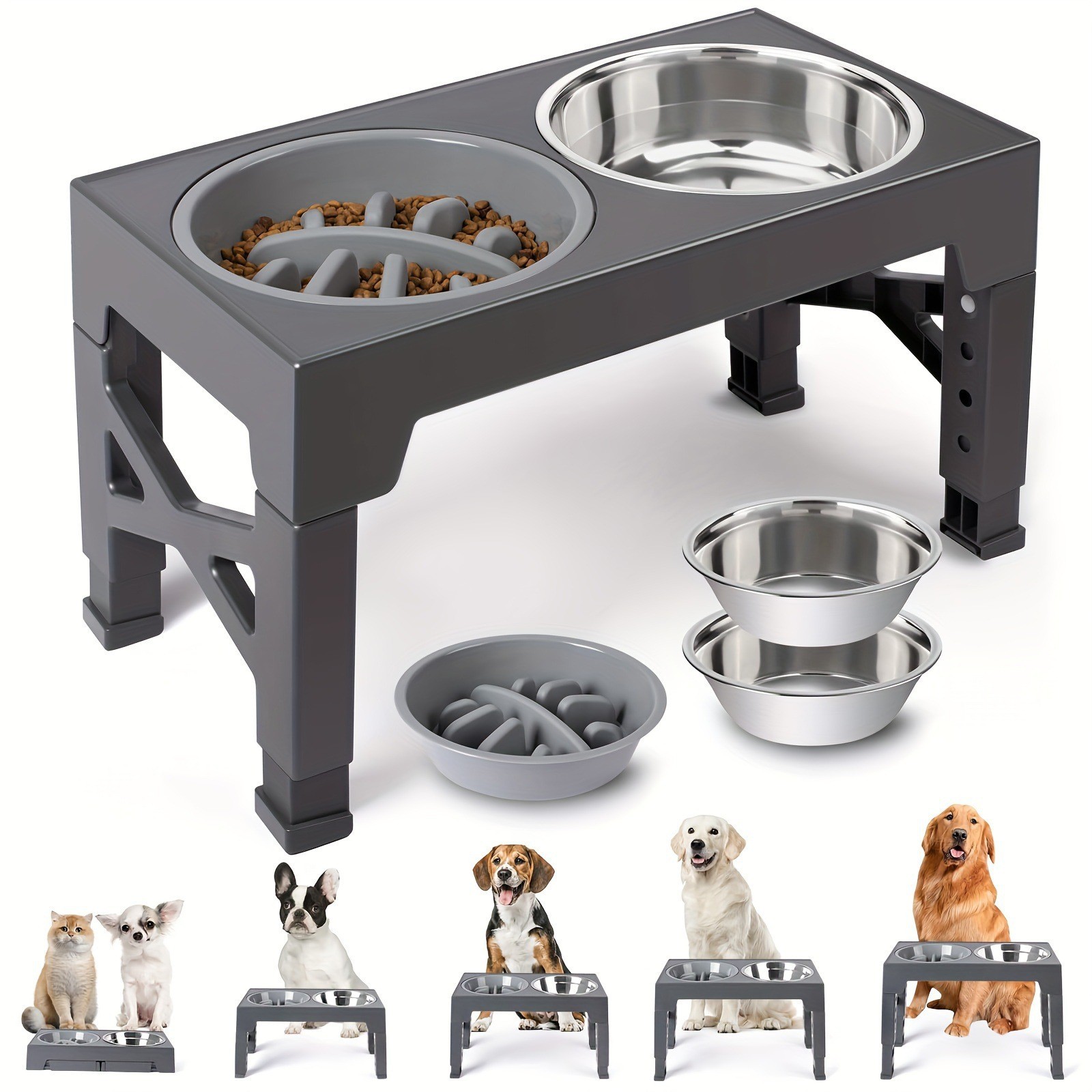 Premium Stainless Steel Elevated Dog Feeder 2-in-1 Slow Food Bowl Adjusts to 5 Heights Wholesale