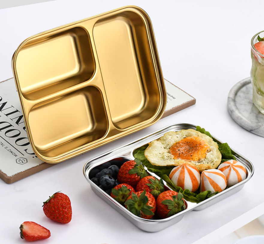 Food Grade 304 Stainless Steel Divided Trays 3 Compartment Bento Plates Gold Silver Multi Size Lunch Plates for Food Serving