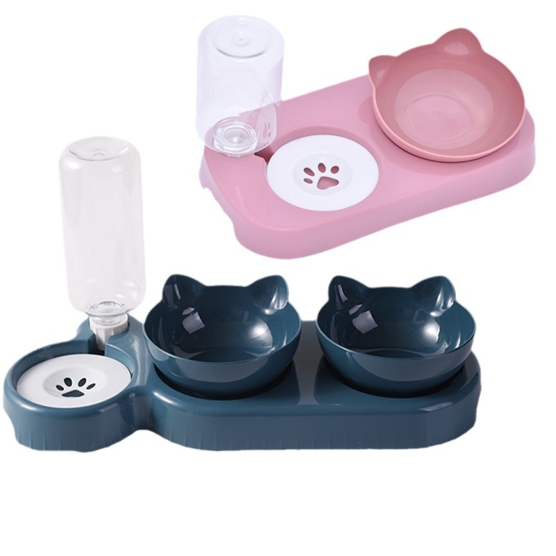 Portable Travel Dog Cat Food Feeding Bowl 15 Degree Tilted Raised Slow Feeder with Removable Elevated Plastic Shelf