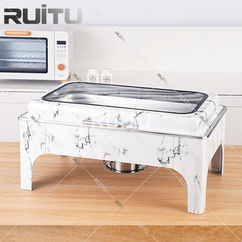 Top Selling Rectangle Stainless Steel Hotel Wedding Catering Marble Pattern White Buffet Chafing Dish Buffet Set Restaurant Party Food Warmer Chaffing Dishes