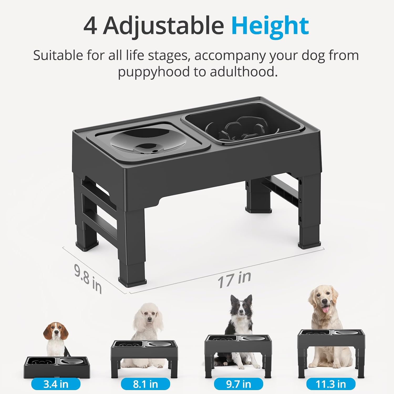 2-in-1 Elevated Slow Feeder Dog Bowls 4 Height Adjustable Raised Dog Bowls with No Spill Water Bowl