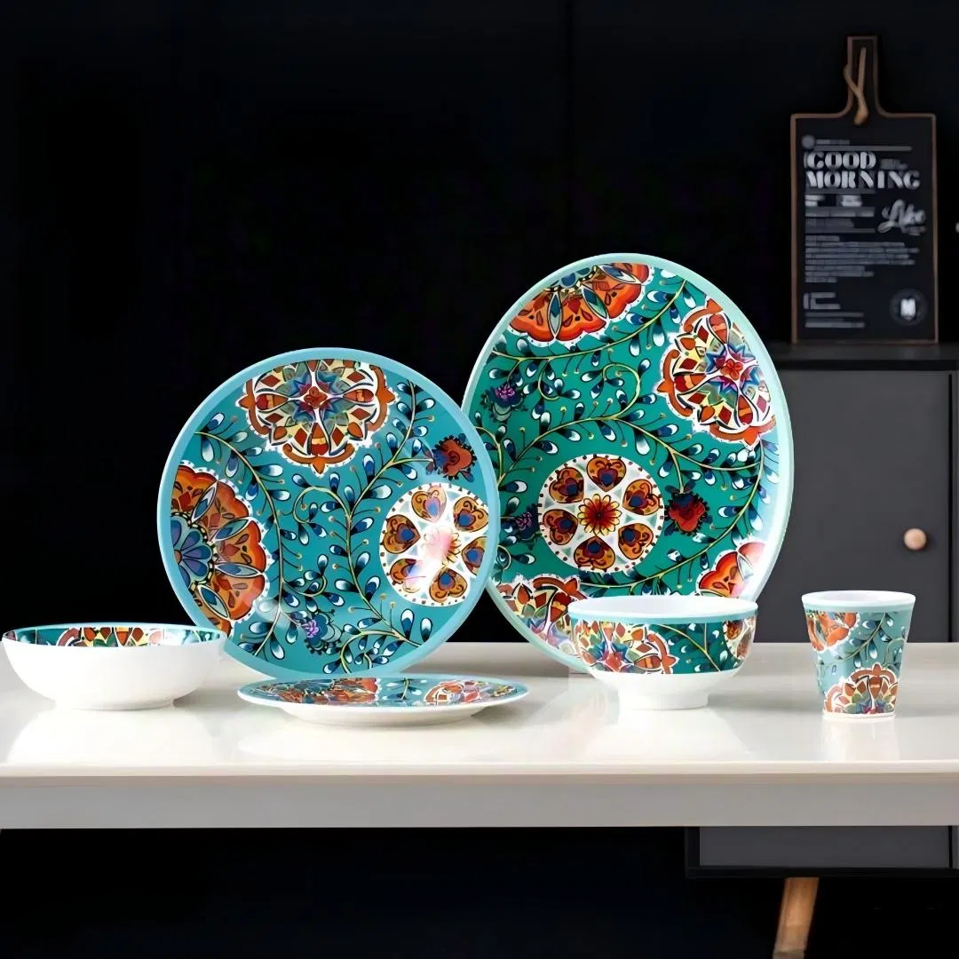Round Side Dishes Multi-Pattern Full-Category Melamine Dinnerware Set with Plates Bowls Cups, Various Styles for Restaurant &amp; Home Use