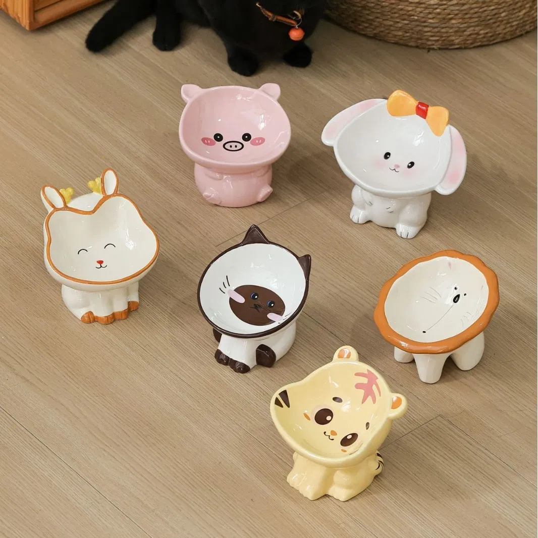 Custom Elevated Eco-Friendly Ceramic Pet Bowl with Stand Cute Animal Shape Tilted Cat Dog Food Water Feeder