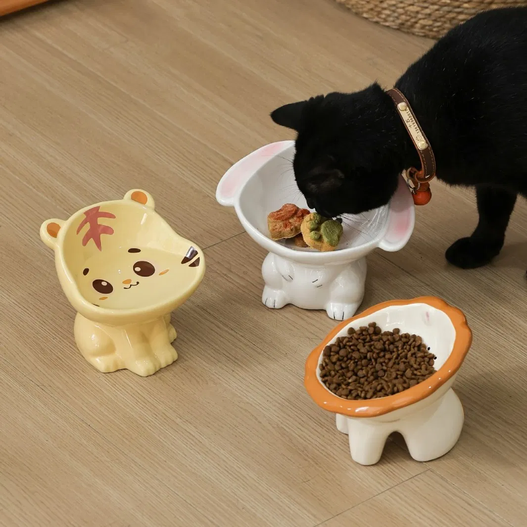 Custom Elevated Eco-Friendly Ceramic Pet Bowl with Stand Cute Animal Shape Tilted Cat Dog Food Water Feeder