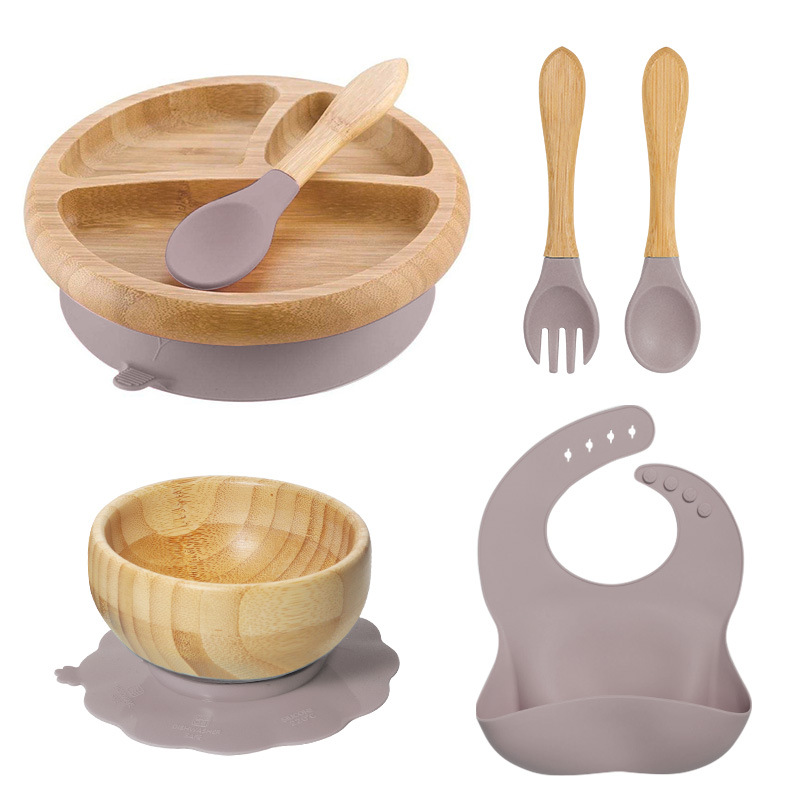Bamboo Baby Food Plate Weaning Kids and Toddler Suction Smile Plates Divided Platter Feeding Dishes With Silicone Fork and Spoon