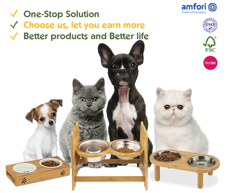 Bamboo Pet Feeder Bowl adjustable heights