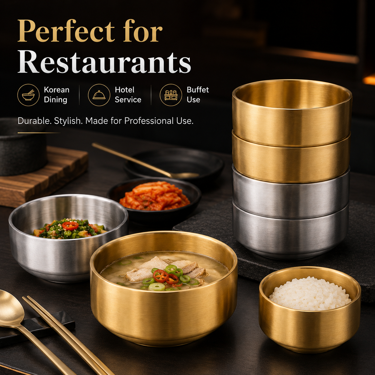 Stainless Steel Korean Soup Bowl Gold Silver Food Grade Metal Bowls Restaurant Hotel Buffet Catering Wholesale