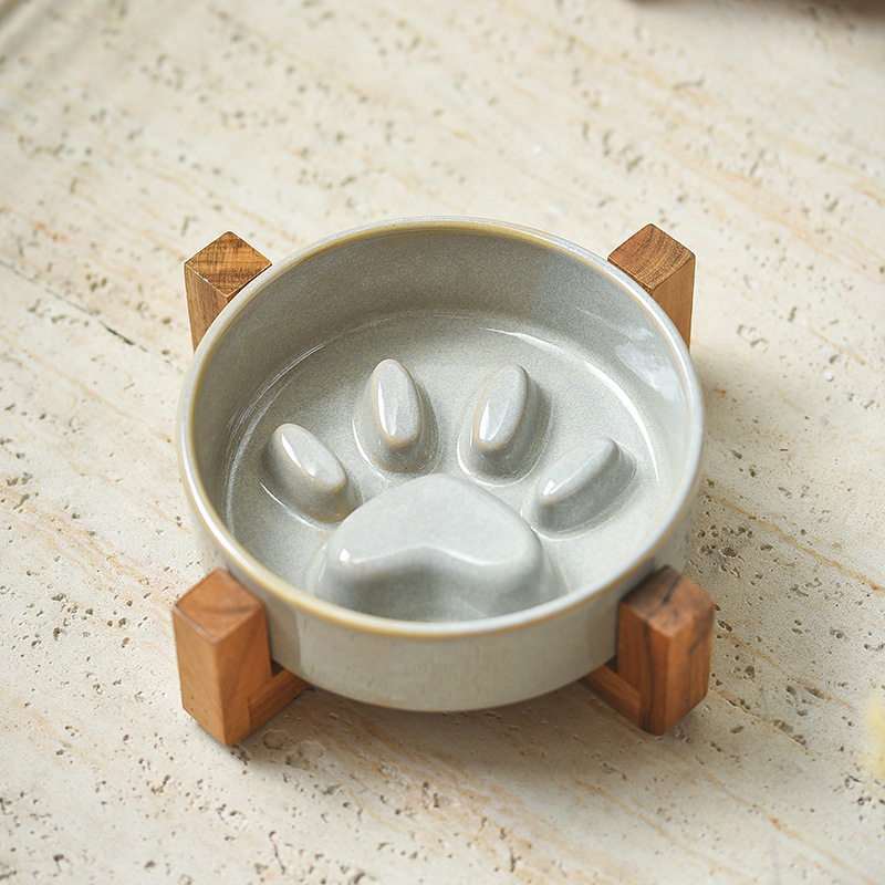 Japanese Style Solid Ceramic Pet Cat &amp; Dog Bowl Slow Feeder Anti-Choke Anti-Tip Eco-Friendly Non-Slip Leak Proof Bowl