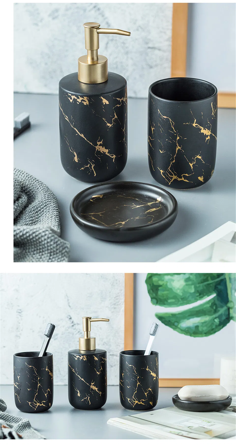 Bath Set Luxury Marble Pattern Tooth Mug Lotion Dispenser Soap Dish