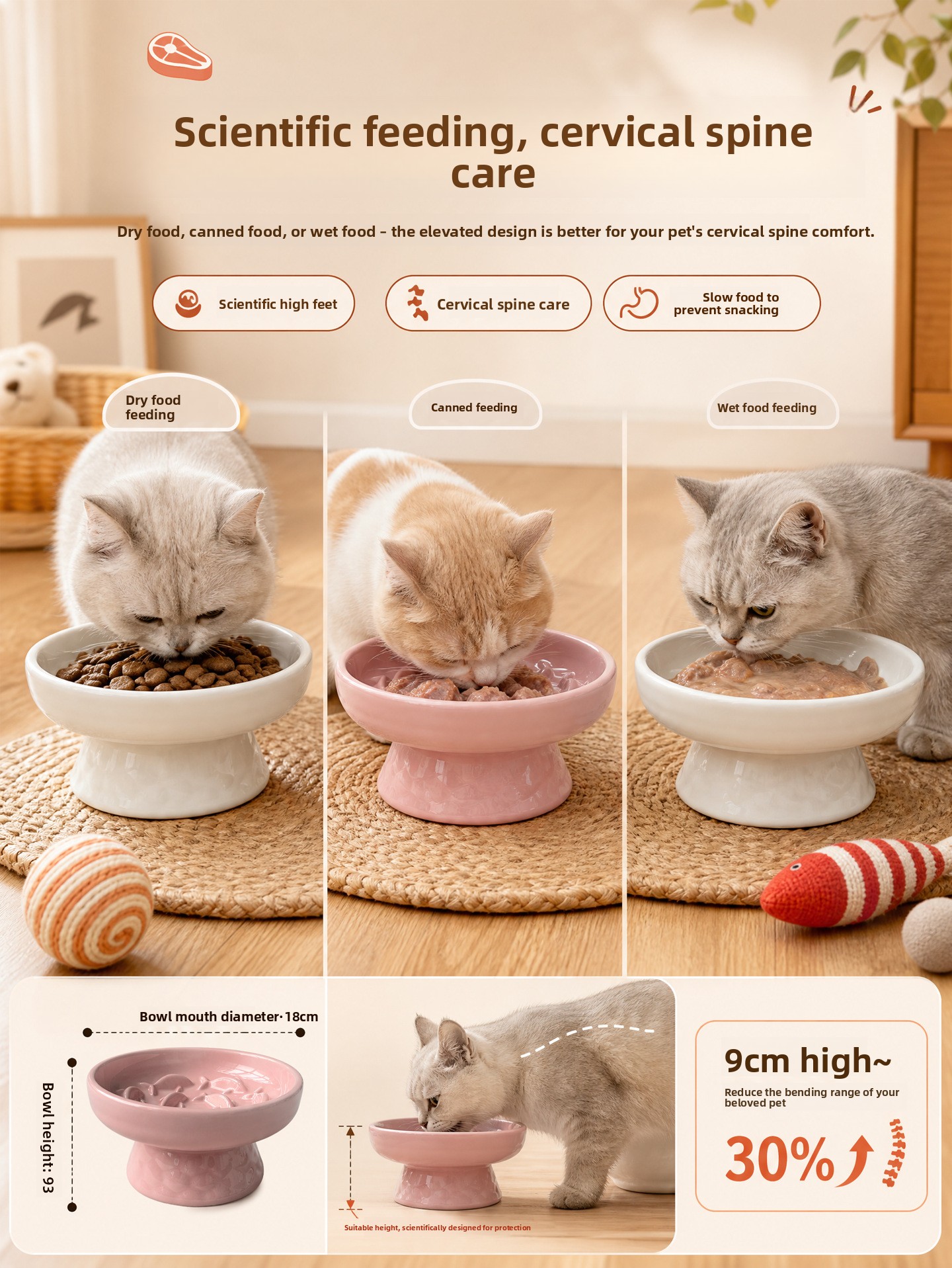 Elevated Ceramic Slow Feeder Bowl for Cats & Dogs Anti-Choke Neck Protection Pet Feeding Bowl