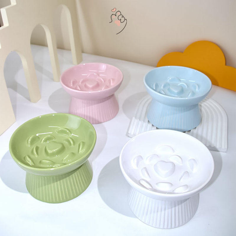 Qbellpet New Ceramic Tall Striped Slow Food Bowl Cat Bowls Set Food Water Bowl for Dogs and Cats Anti-skid Feeder