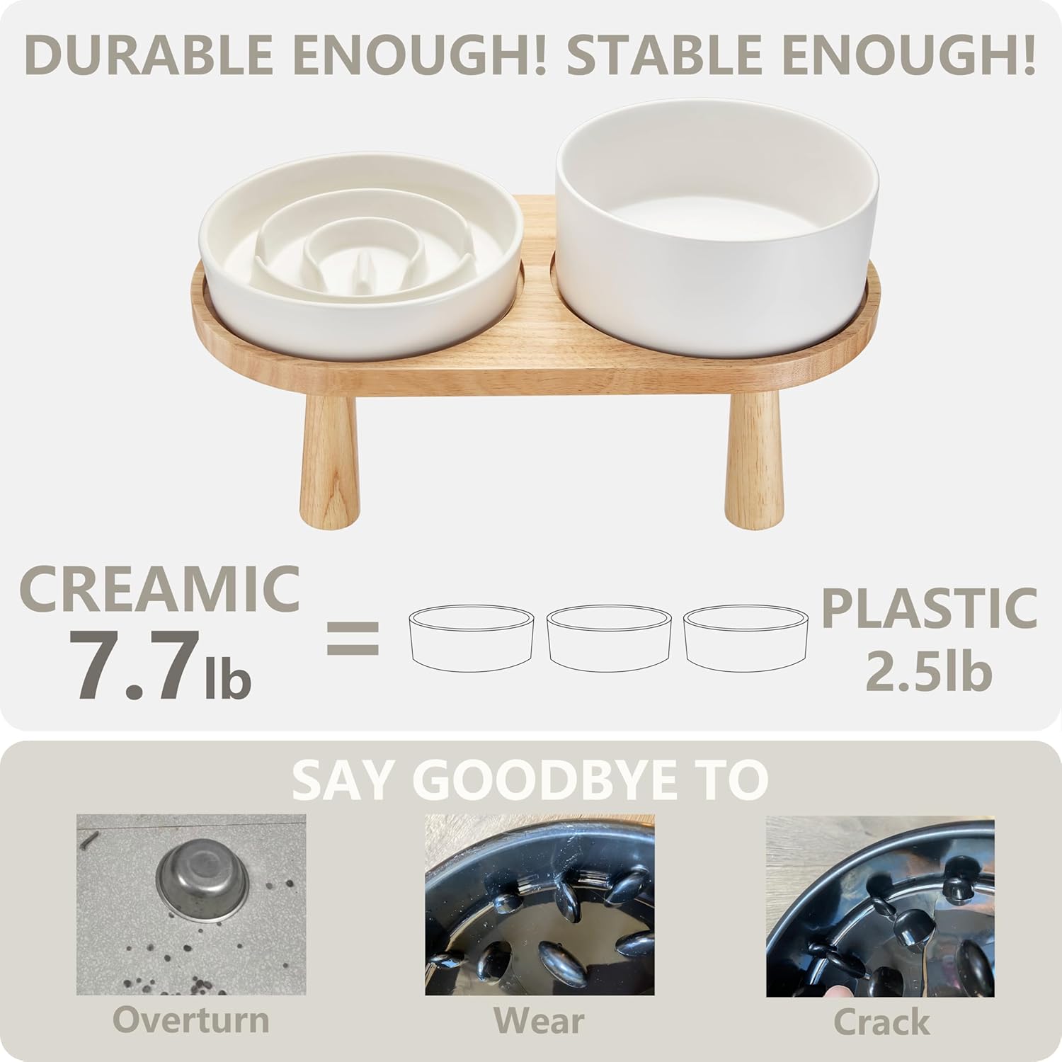 Ceramic Slow Feeder and Water Bowl Set Ceramic Dog Bowls Elevated with Wooden Stand